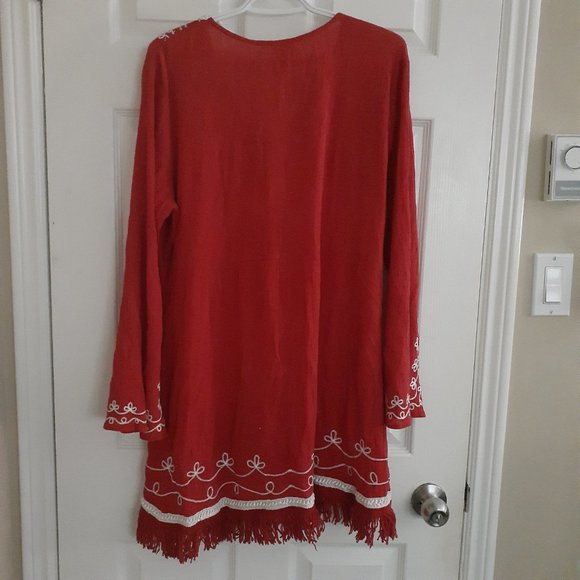 Red Embroidered Asymmetrical Long Sleeve Tunic - Picture 2 of 14